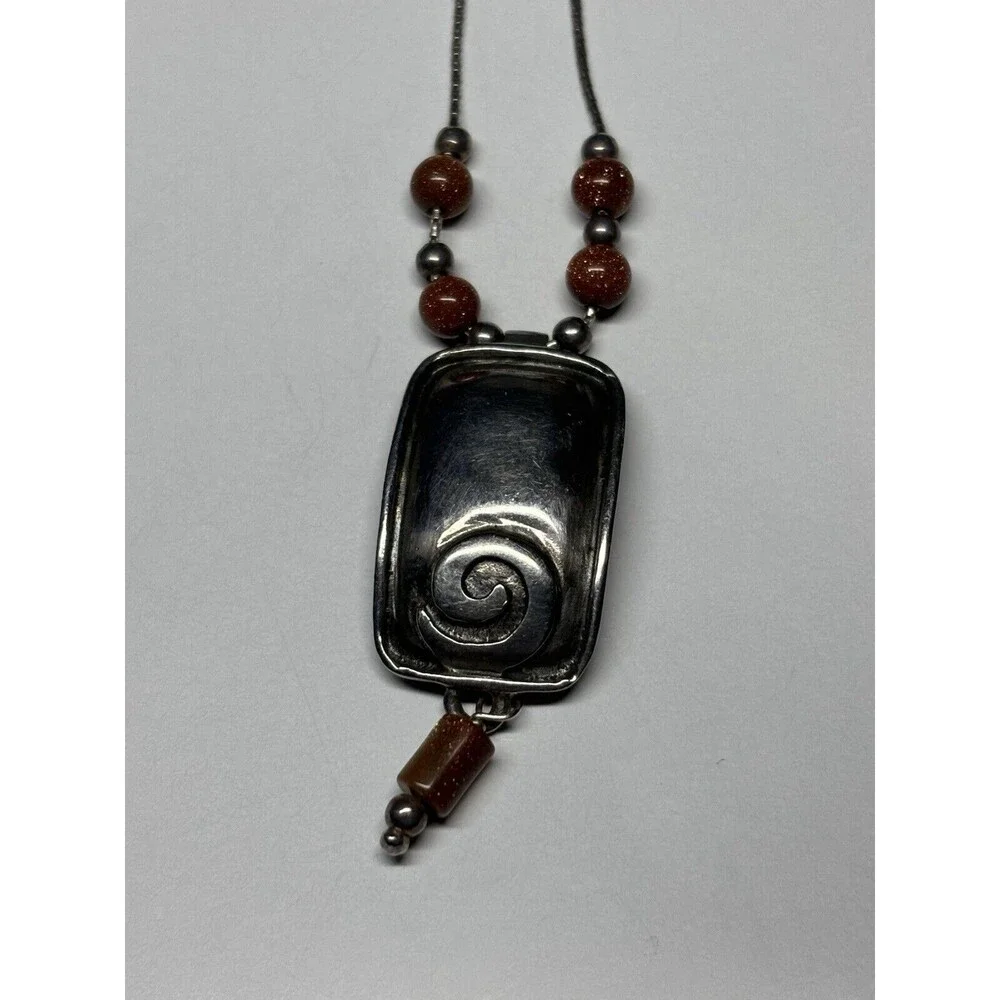 Vintage Silpada Sterling Silver 925 Goldstone Bead Swirl Pendant Necklace